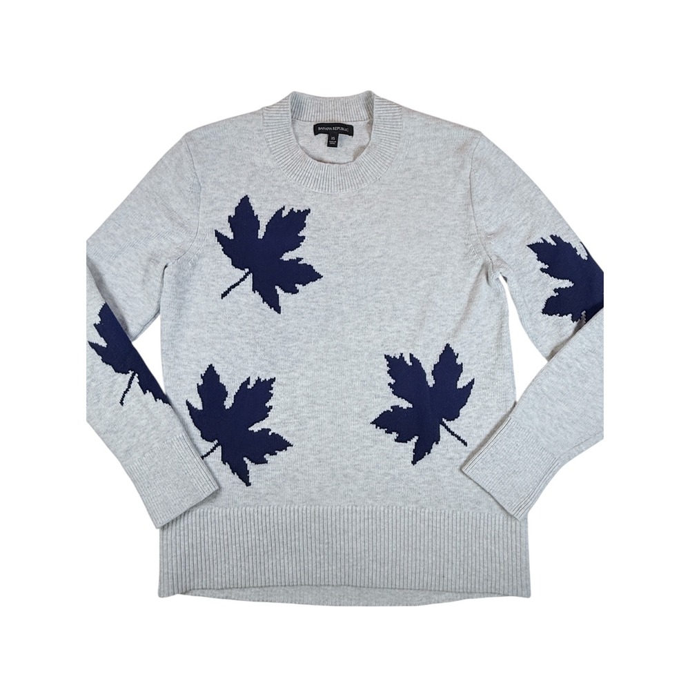 Banana Republic Sweater Women XS Light Grey Maple Leaf Intarsia Knit 615824-00